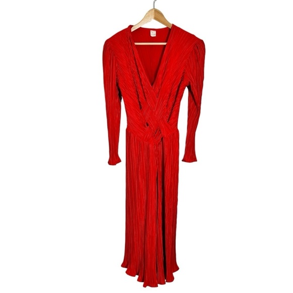Vintage Dresses & Skirts - Vintage Plisse Fortuny Style Deep V Red Dress Made in France